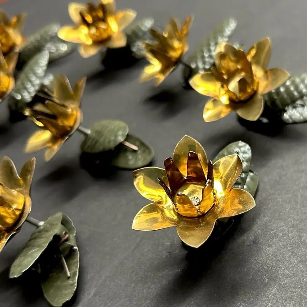 Vintage 1940s Gold & Green Metal Floral Clip-On Christmas Tree Candle Ornaments